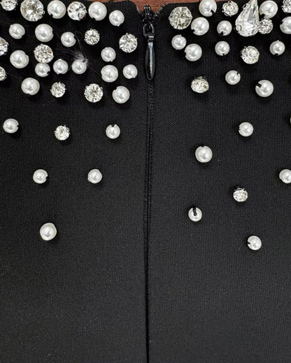 Cape Sleeve Crystal Pearl Maxi Dress Black