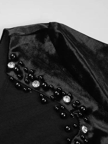 Long Sleeve Crystal Embellished Velvet Dress Black