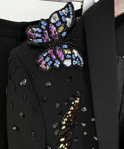 Long Sleeve Sequin Butterflies Suit Black