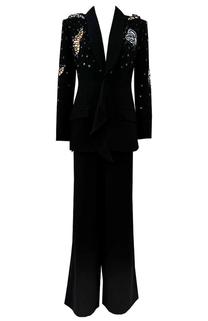 Long Sleeve Sequin Butterflies Suit Black