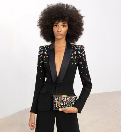 Long Sleeve Crystal Sequin Suit Black