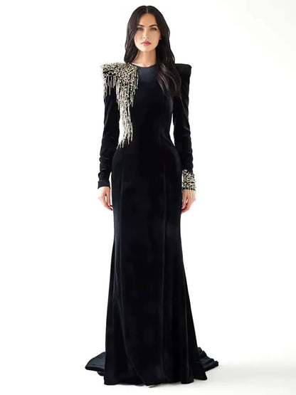 Long Sleeve Crystal Shoulder Maxi Velvet Dress Black