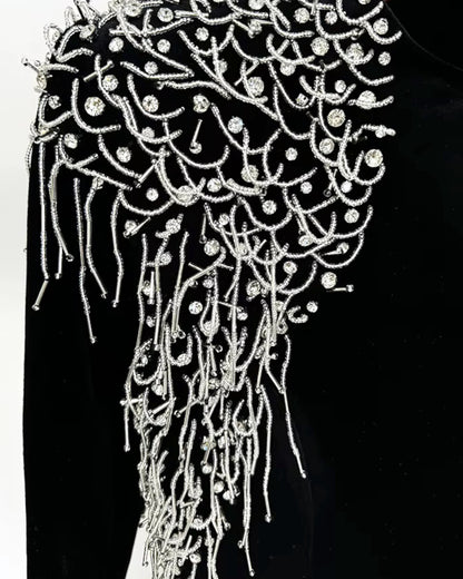 Long Sleeve Crystal Shoulder Maxi Velvet Dress Black