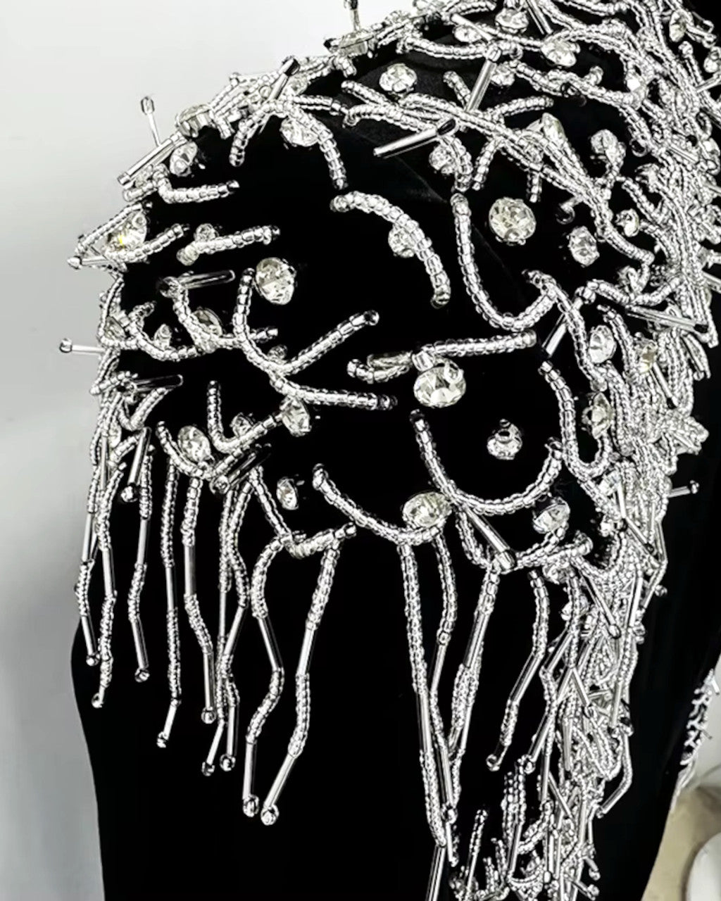 Long Sleeve Crystal Shoulder Maxi Velvet Dress Black