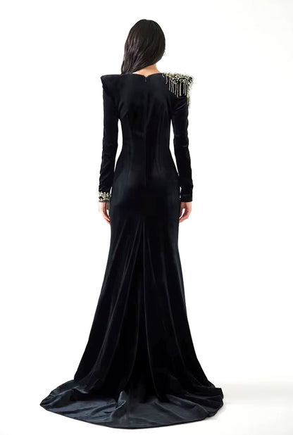Long Sleeve Crystal Shoulder Maxi Velvet Dress Black