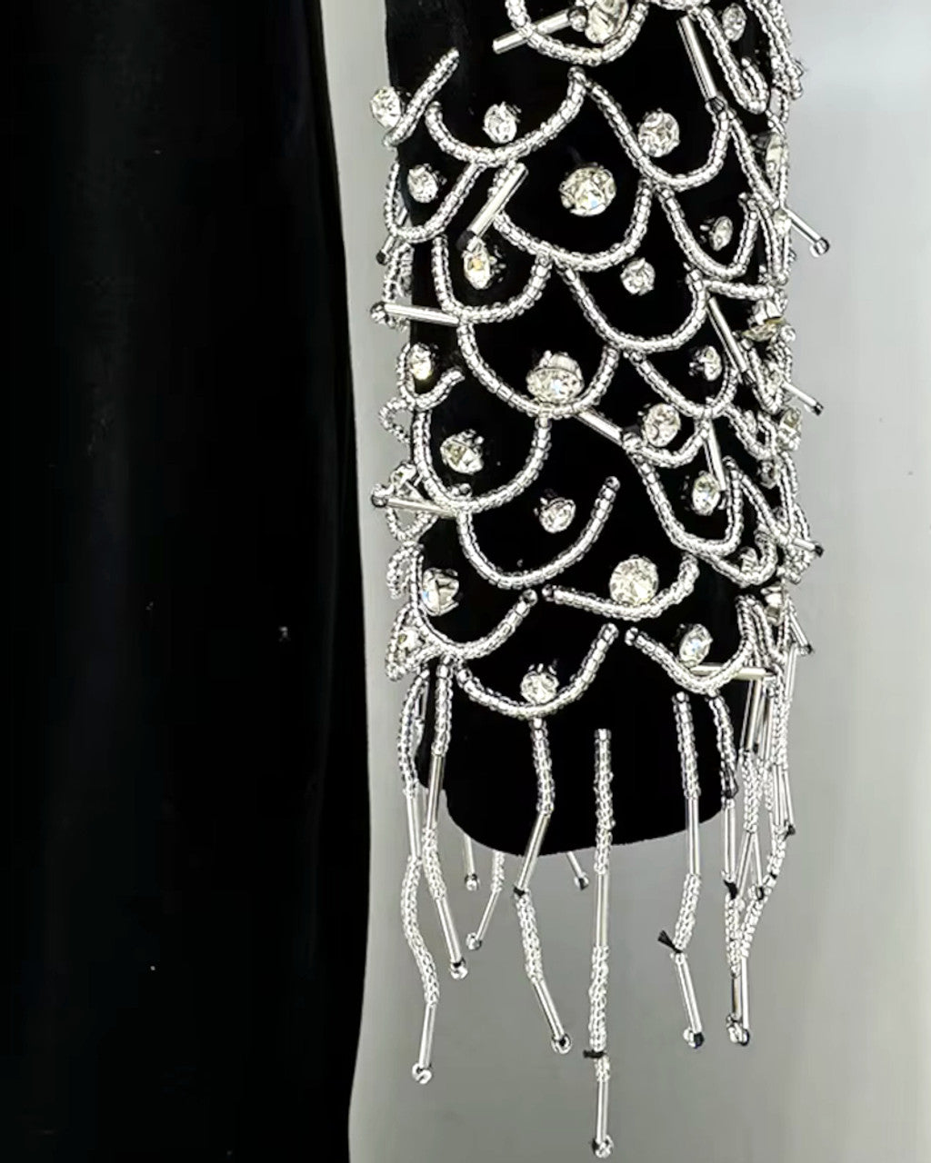 Long Sleeve Crystal Shoulder Maxi Velvet Dress Black