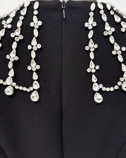 Long Sleeve Crystal Shoulder Maxi Dress Black