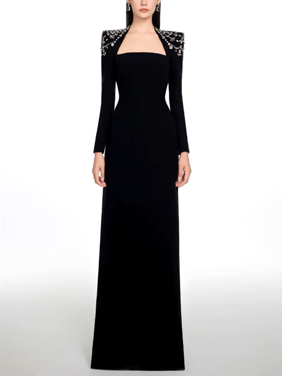 Long Sleeve Crystal Shoulder Maxi Dress Black