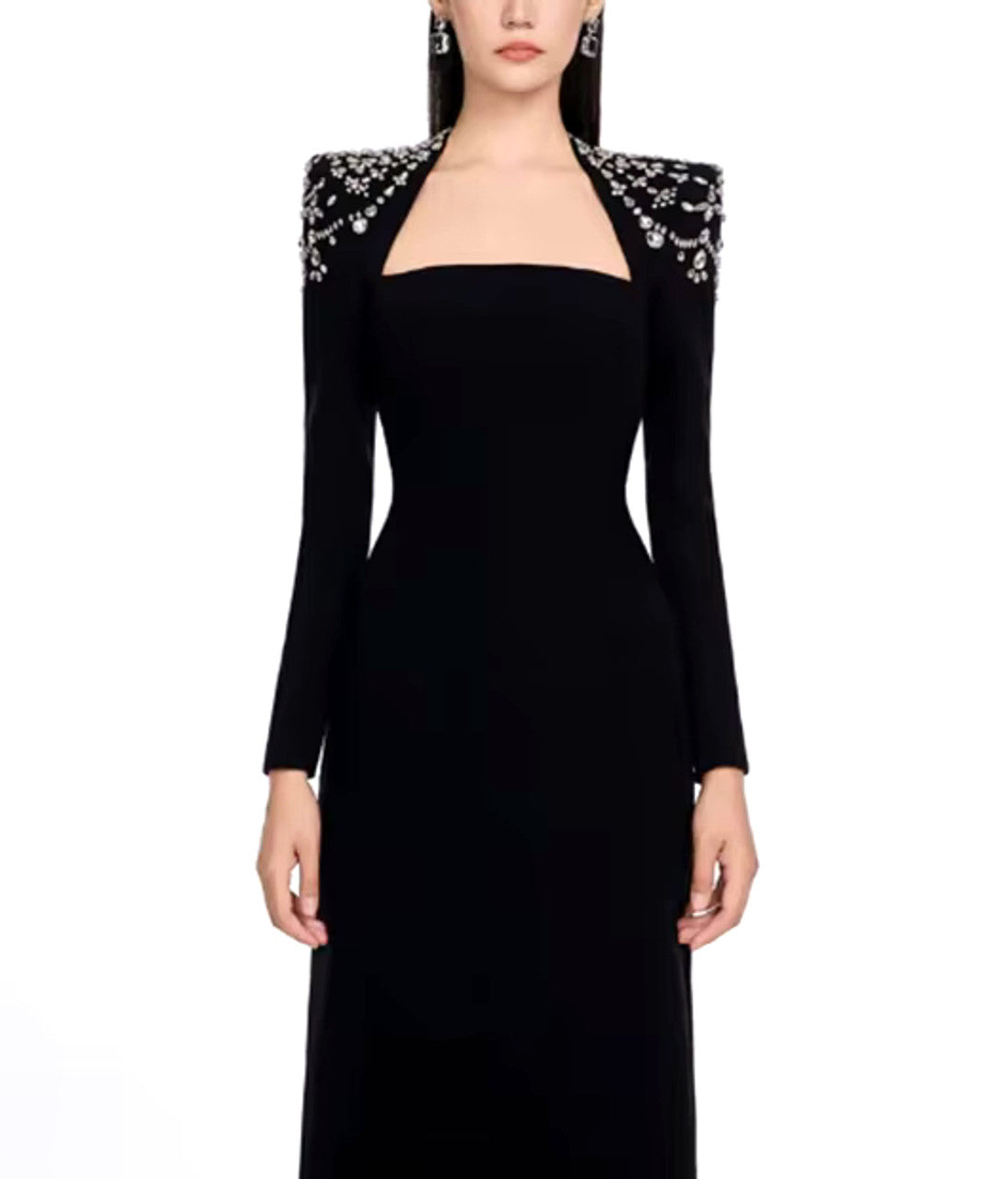 Long Sleeve Crystal Shoulder Maxi Dress Black