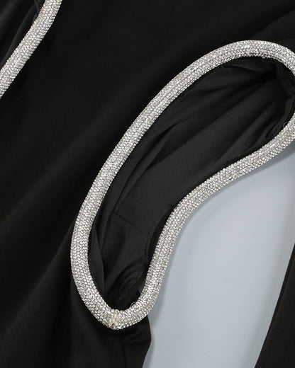 Long Sleeve Studded Crystal Trim Midi Dress Black HV1635
