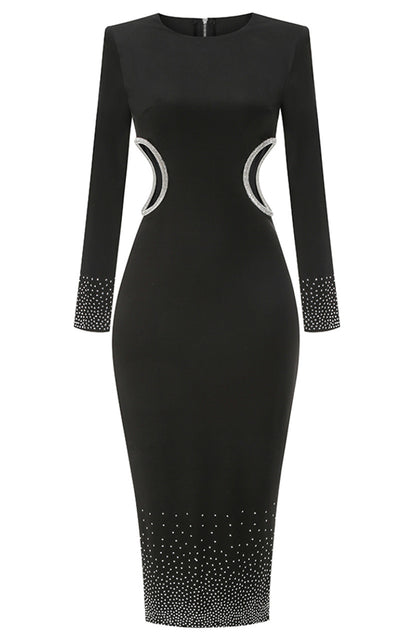 Long Sleeve Studded Crystal Trim Midi Dress Black HV1635
