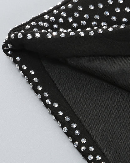 Long Sleeve Studded Crystal Trim Midi Dress Black HV1635