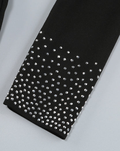 Long Sleeve Studded Crystal Trim Midi Dress Black HV1635
