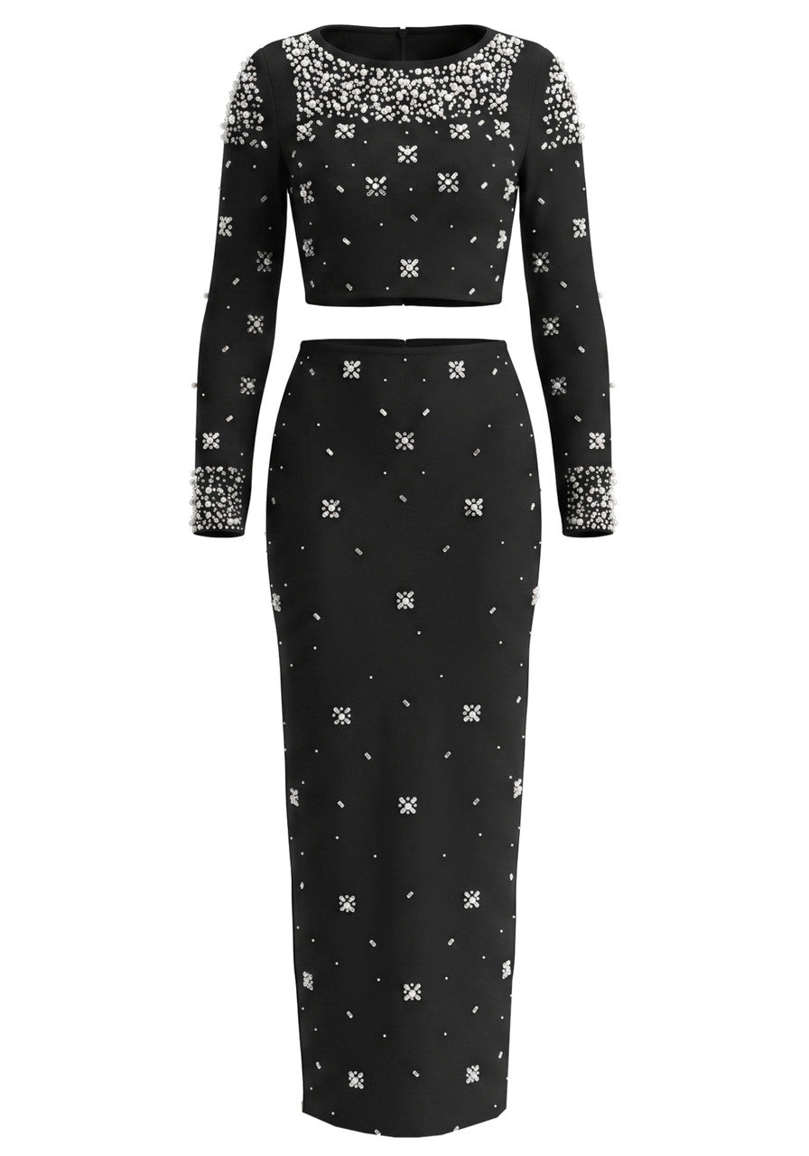 Long Sleeve Crystal Embellished Two Piece Maxi Dress HV3098