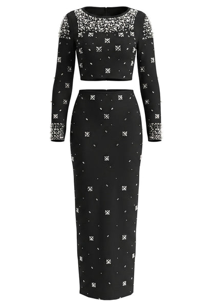 Long Sleeve Crystal Embellished Two Piece Maxi Dress HV3098