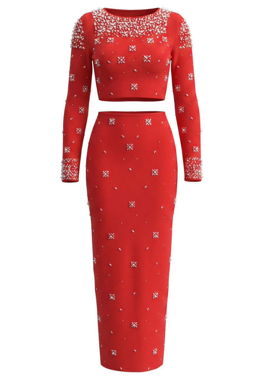 Long Sleeve Crystal Embellished Two Piece Maxi Dress HV3098