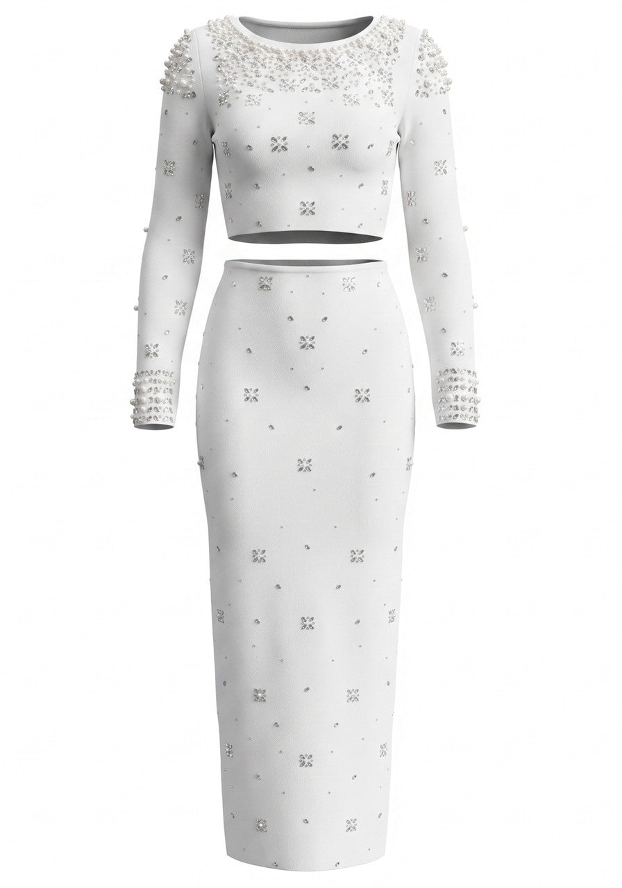 Long Sleeve Crystal Embellished Two Piece Maxi Dress White HV3098