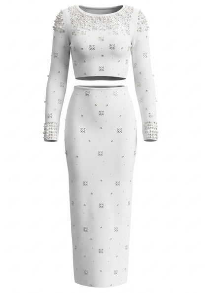 Long Sleeve Crystal Embellished Two Piece Maxi Dress White HV3098
