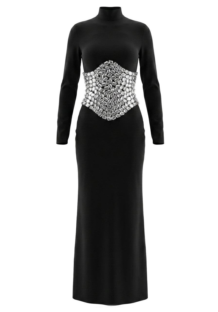 Long Sleeve Crystal Waist Maxi Dress Black HV3046