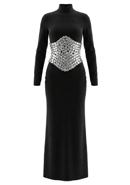 Long Sleeve Crystal Waist Maxi Dress Black HV3046