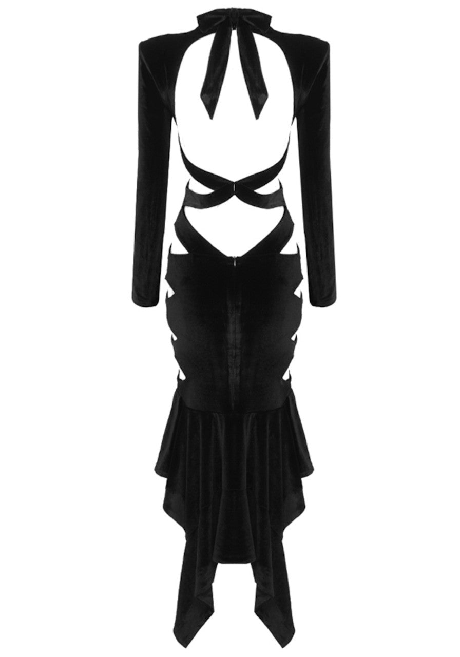 Long Sleeve Cut Out Fluted Midi Velvet Dress Black