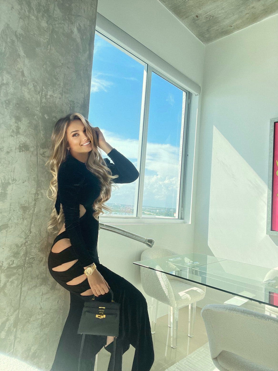 Long Sleeve Cut Out Fluted Midi Velvet Dress Black