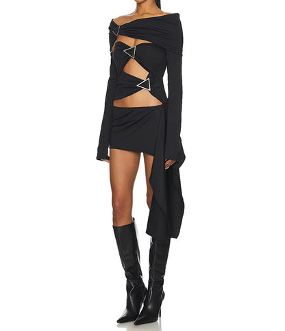 Long Sleeve Bardot Cut Out Dress Black