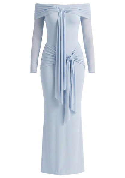 Long Sleeve Draped Bardot Maxi Dress Blue HV3089