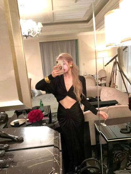 Long Sleeve Draped Cut Out Maxi Dress Black