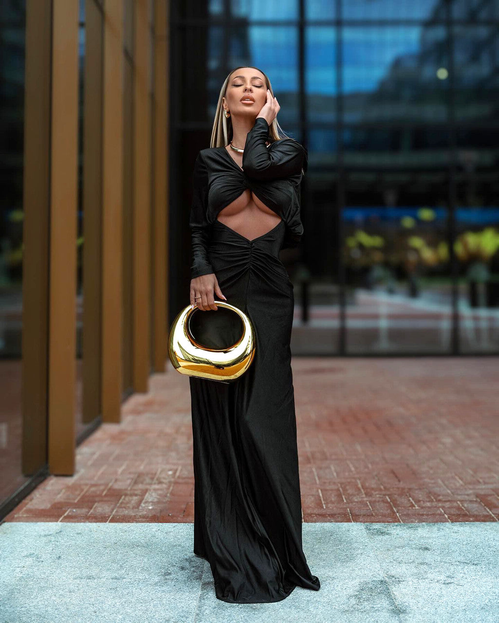 Long Sleeve Draped Cut Out Maxi Dress Black