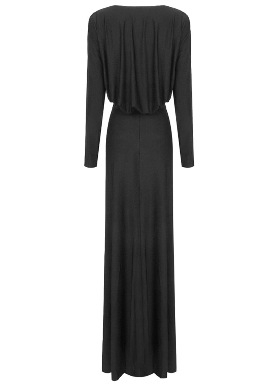 Long Sleeve Draped Cut Out Maxi Dress Black