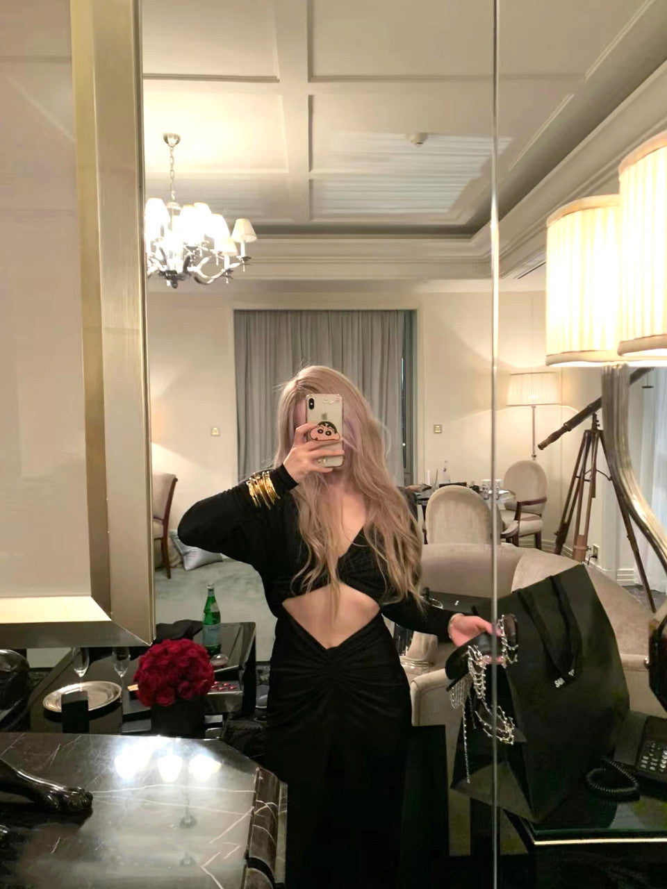 Long Sleeve Draped Cut Out Maxi Dress Black