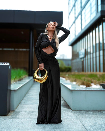 Long Sleeve Draped Cut Out Maxi Dress Black