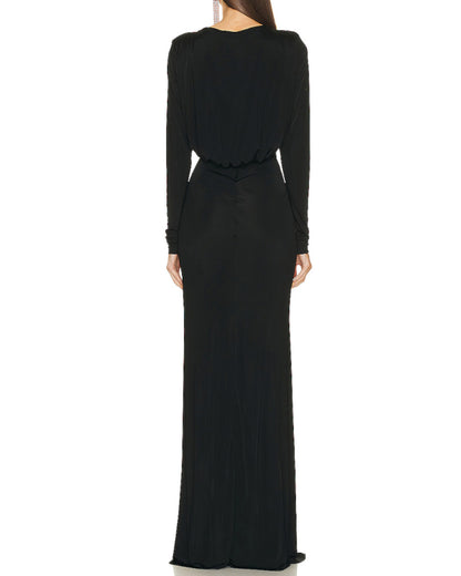 Long Sleeve Draped Cut Out Maxi Dress Black