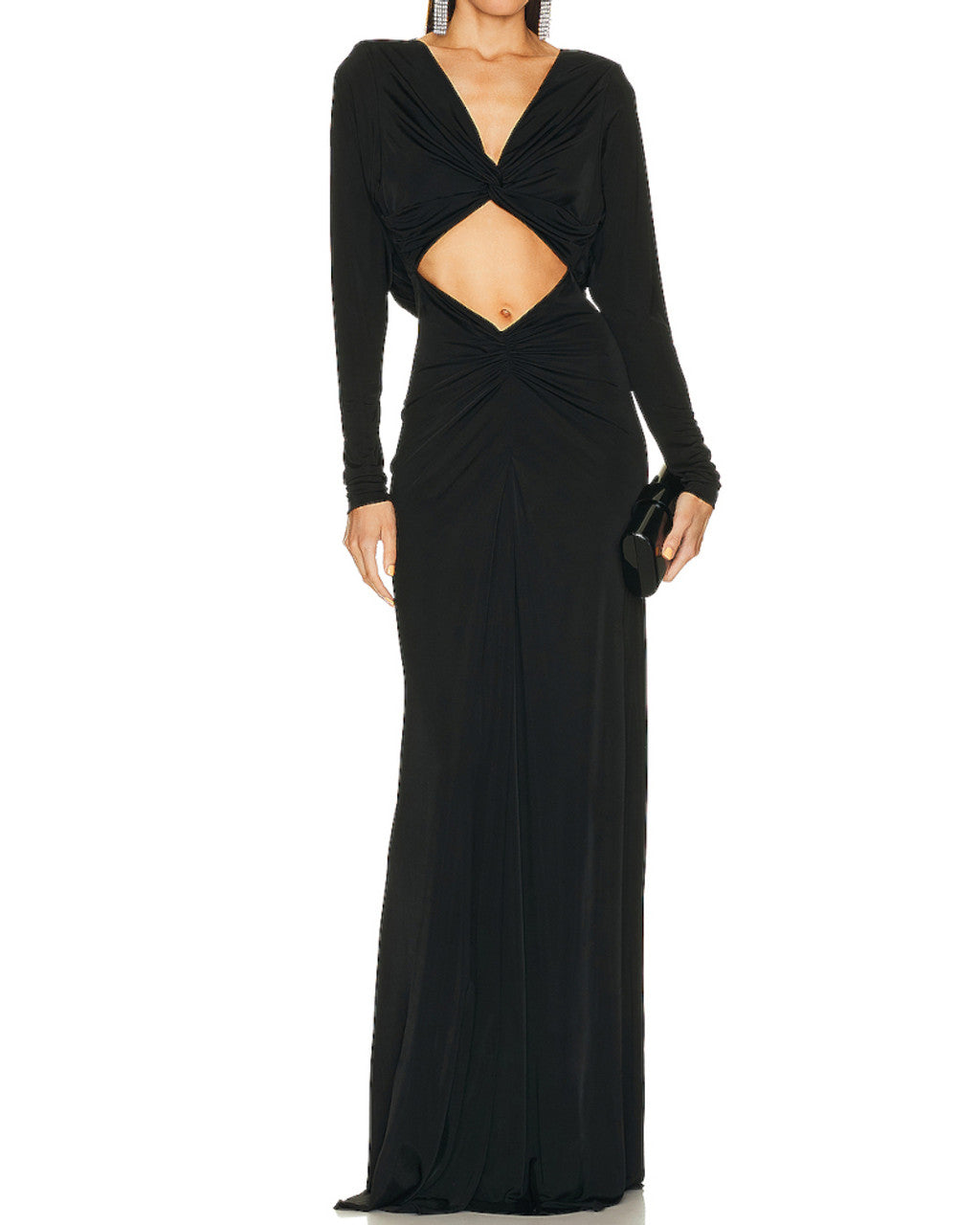 Long Sleeve Draped Cut Out Maxi Dress Black