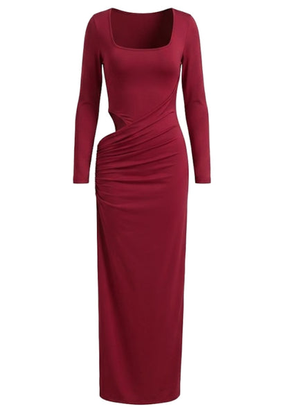 Long Sleeve Cut Out Detail Maxi Dress Burgundy HV3150