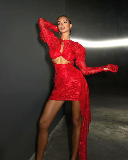Long Sleeve Draped Lace Dress Red