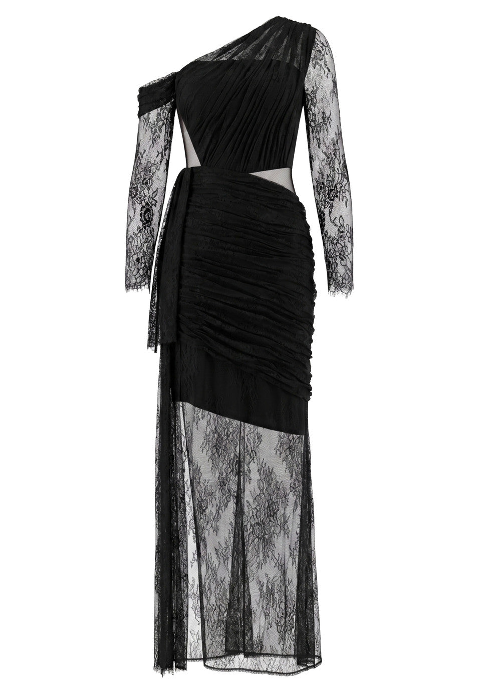 Long Sleeve Draped Lace Maxi Dress Black HV2976