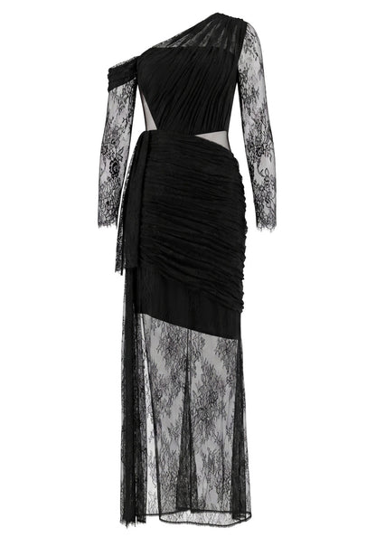 Long Sleeve Draped Lace Maxi Dress Black HV2976
