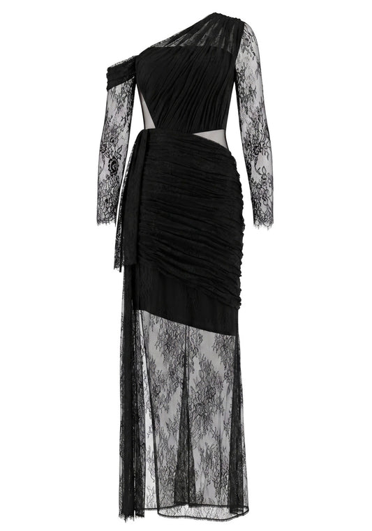 Long Sleeve Draped Lace Maxi Dress Black HV2976