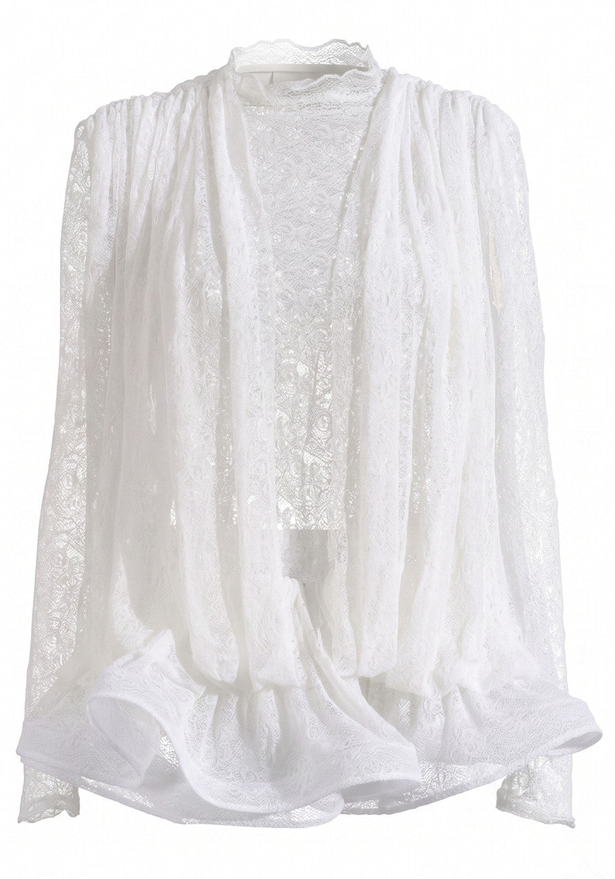 Long Sleeve Draped Lace Ruffle Dress White HV3119
