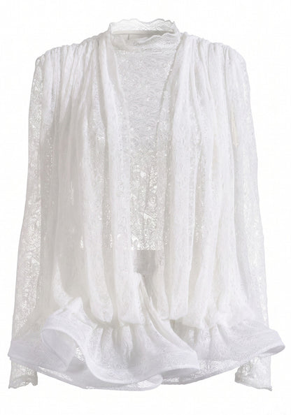 Long Sleeve Draped Lace Ruffle Dress White HV3119