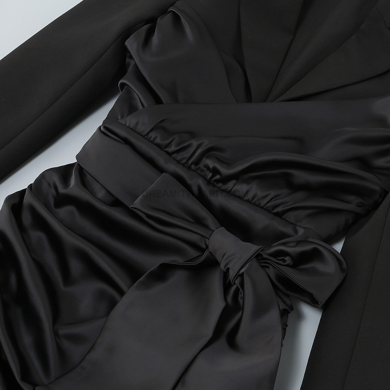 Long Sleeve Draped Silk Blazer Dress Black