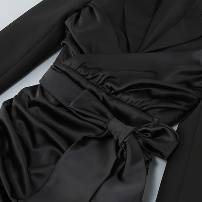 Long Sleeve Draped Silk Blazer Dress Black