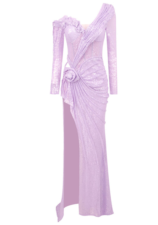 Long Sleeve Floral Sequin Maxi Dress Lavender HV1797