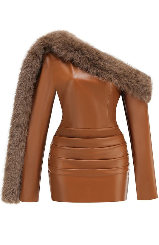 Long Sleeve Fur Detail Faux Leather Dress Brown HV2651