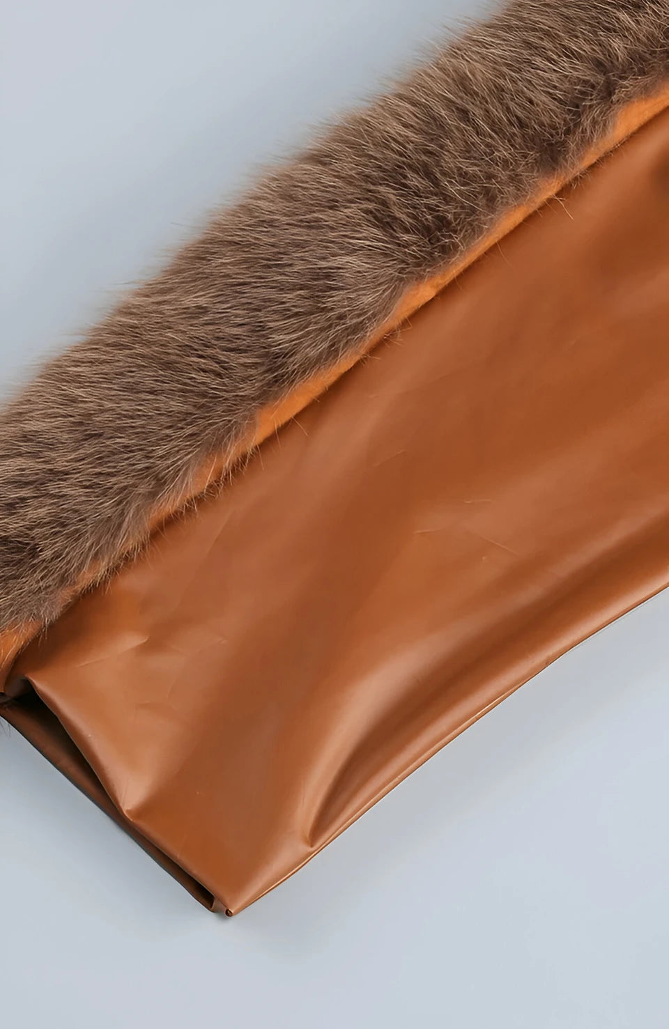 Long Sleeve Fur Detail Faux Leather Dress Brown HV2651