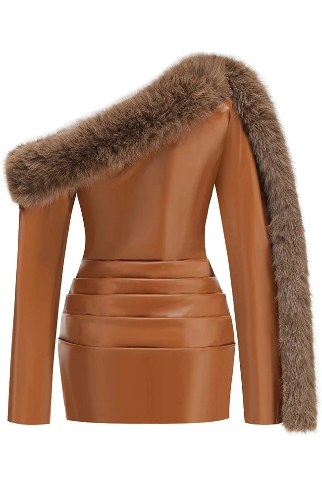 Long Sleeve Fur Detail Faux Leather Dress Brown HV2651