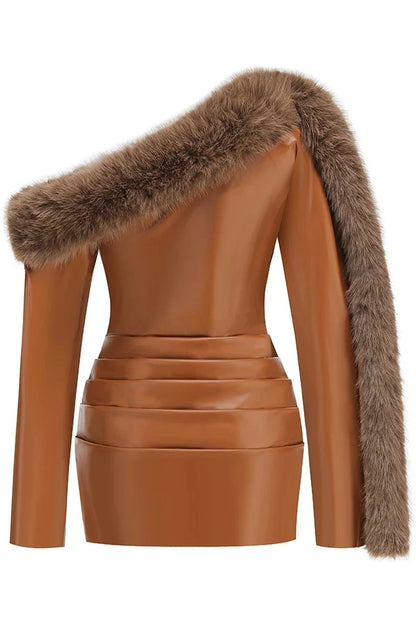 Long Sleeve Fur Detail Faux Leather Dress Brown HV2651