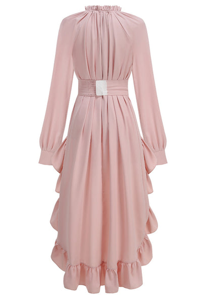 Long Sleeve High Low Ruffle Maxi Dress Pink HV3007